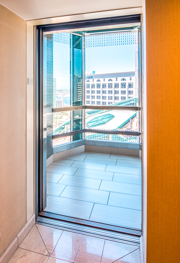 Open elevator cab door at Extron in Anaheim, California