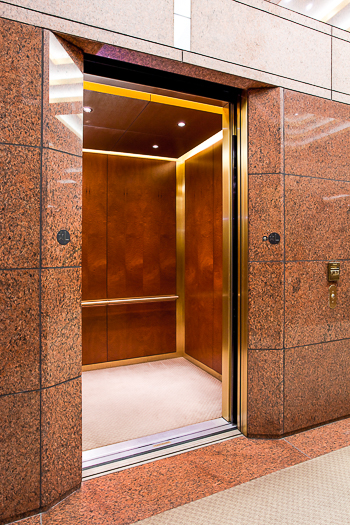 Open elevator cab door at Extron in Anaheim, California