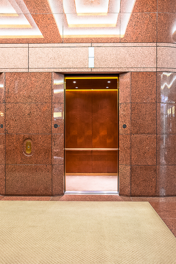 Open elevator cab door at Extron in Anaheim, California