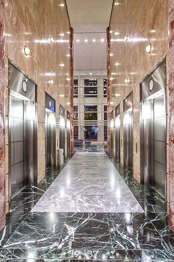 Open elevator cab door at Extron in Anaheim, California