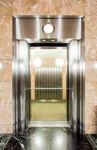 Open elevator cab door at Extron in Anaheim, California