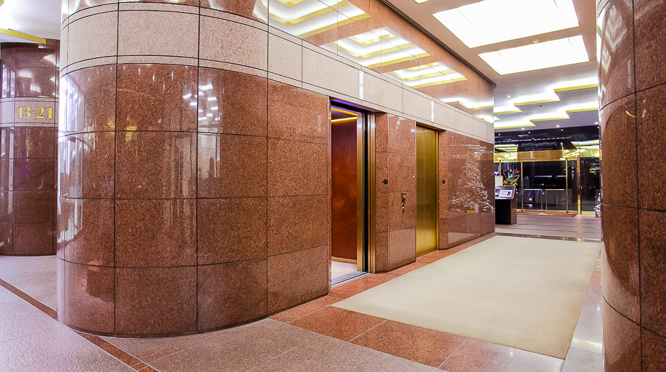 Open elevator cab door at Extron in Anaheim, California