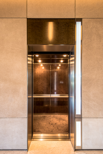 Open elevator cab door at Extron in Anaheim, California