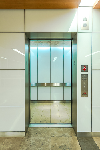 Open elevator cab door at Extron in Anaheim, California