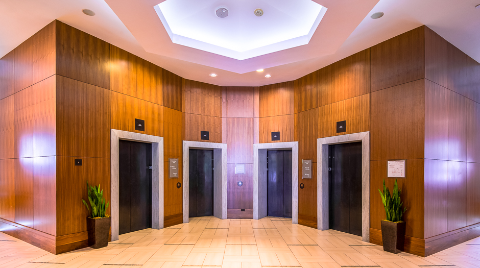 Open elevator cab door at Extron in Anaheim, California