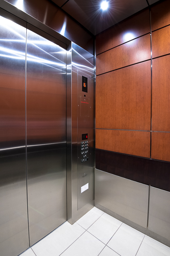 Open elevator cab door at Extron in Anaheim, California