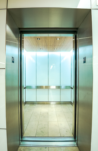 Open elevator cab door at Extron in Anaheim, California