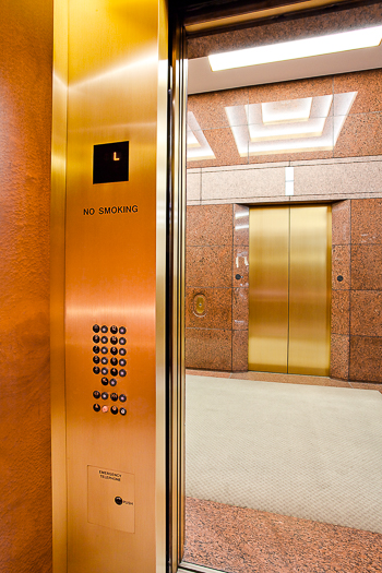 Open elevator cab door at Extron in Anaheim, California