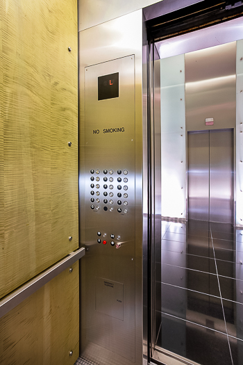 Open elevator cab door at Extron in Anaheim, California