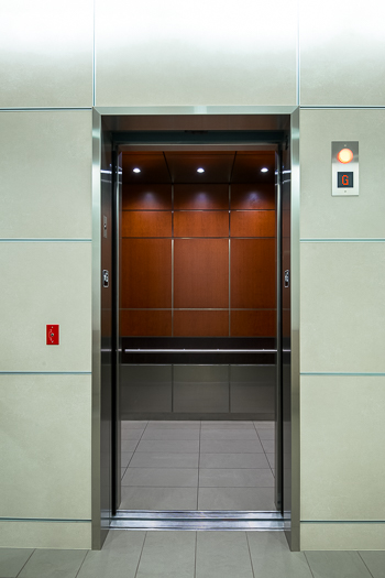 Open elevator cab door at Extron in Anaheim, California