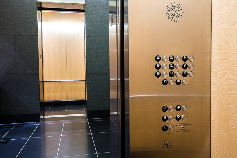 Open elevator cab door at Extron in Anaheim, California