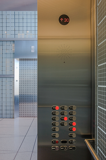 Open elevator cab door at Extron in Anaheim, California