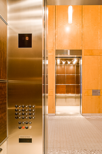 Open elevator cab door at Extron in Anaheim, California