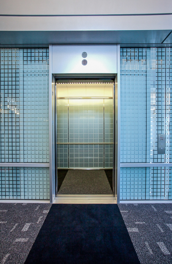 Open elevator cab door at Extron in Anaheim, California