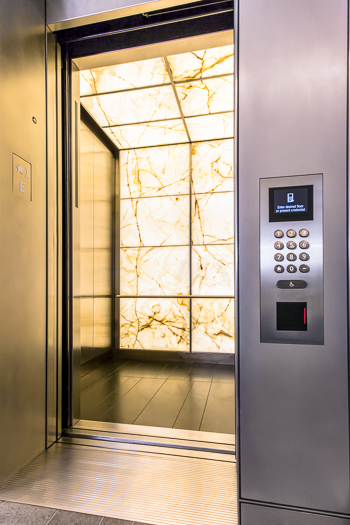 Open elevator cab door at Extron in Anaheim, California