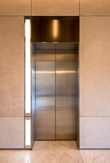 Open elevator cab door at Extron in Anaheim, California