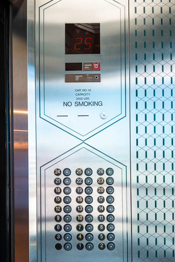 Open elevator cab door at Extron in Anaheim, California