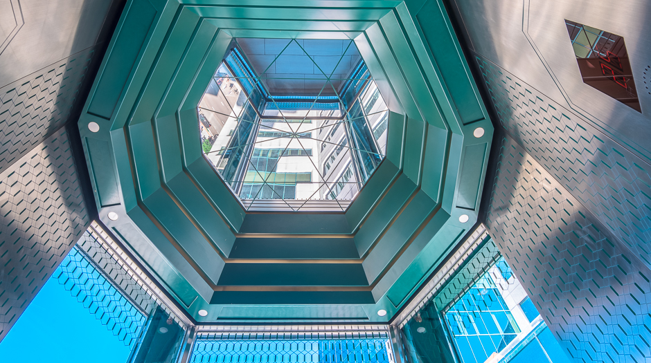 Open elevator cab door at Extron in Anaheim, California