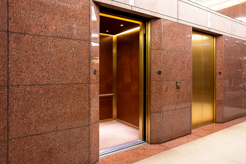 Open elevator cab door at Extron in Anaheim, California