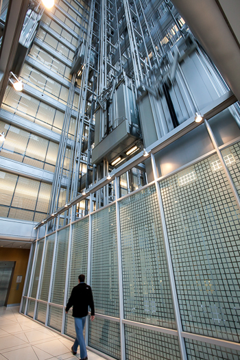 Open elevator cab door at Extron in Anaheim, California